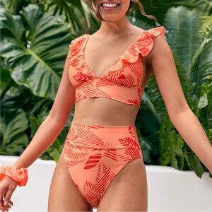 NWT Aerie Neon Orange and Red Bikini Top With Ruffles in XXL